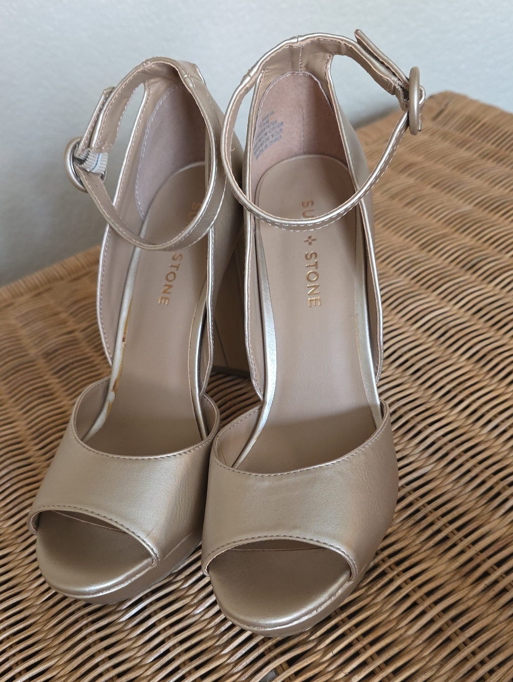 Sun + Stone Metallic Taupe Peep-Toe Platform Ankle Strap Heels - Picture 2 of 5